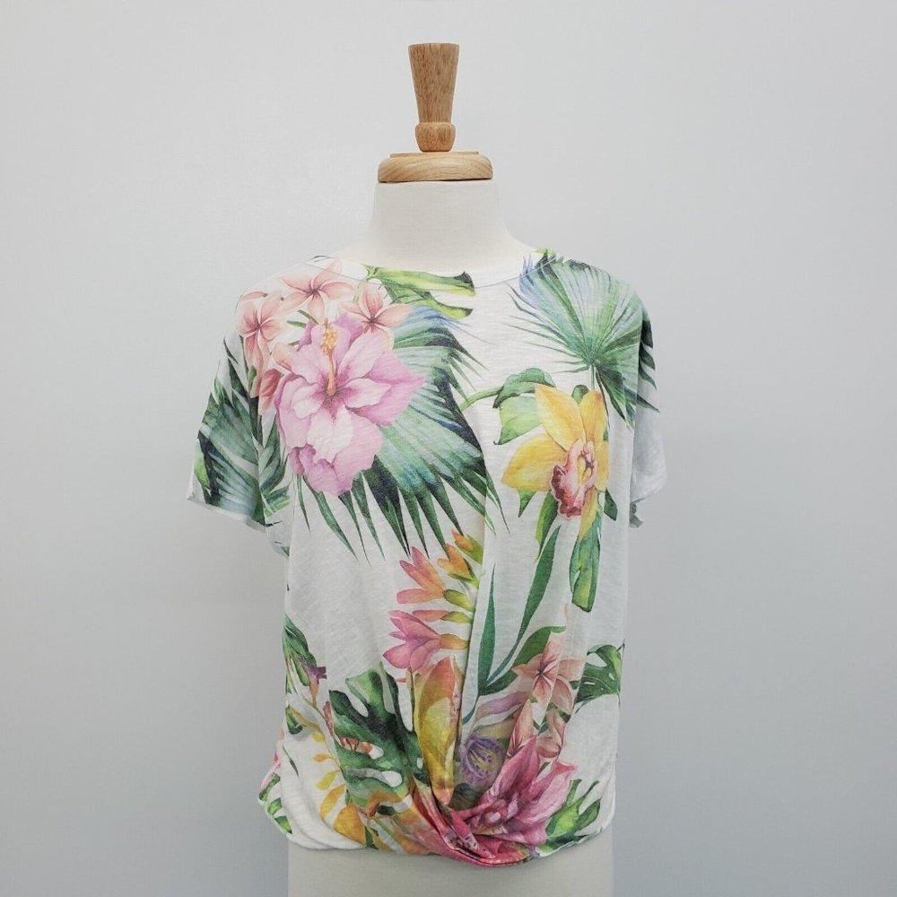 TRYST Womens Tropical Floral Short Sleeve Twist Front Top Blouse Size M Casual